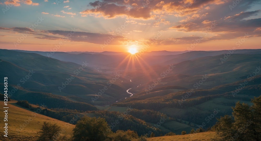 Canvas Prints stunning sunset over a serene valley with sunbeams piercing soft clouds and ample space for text in 