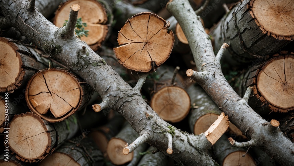 Aufkleber textured close-up of freshly cut tree branches and logs showcasing natural patterns and details in w