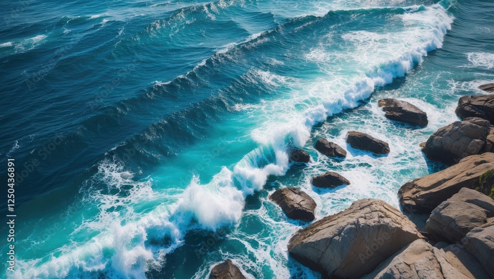 Poster aerial view of turquoise ocean waves crashing on rocky shoreline with space for text or design eleme