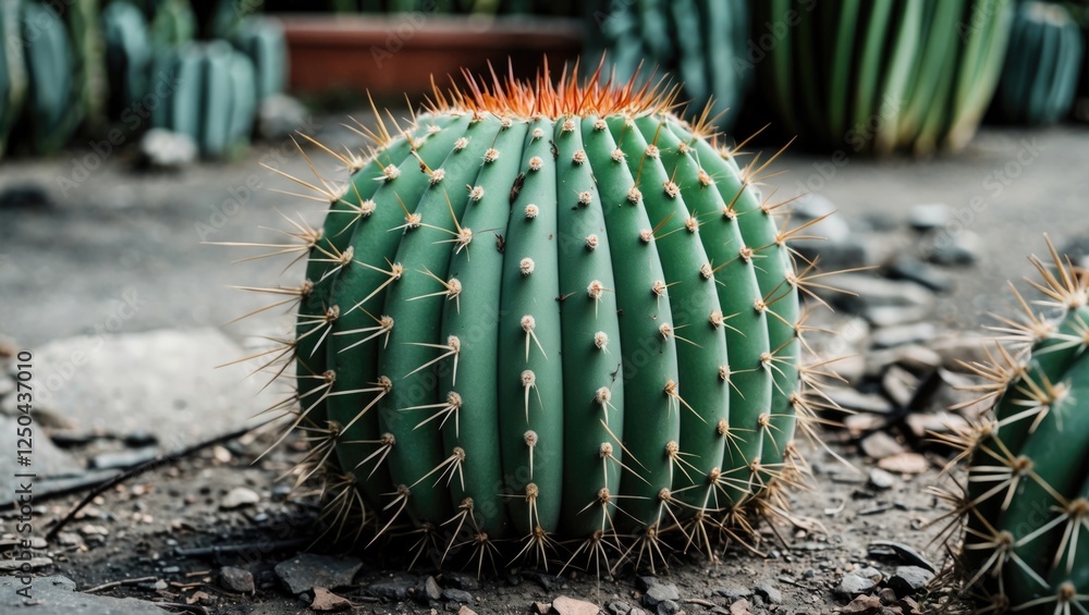 Poster barrel cactus with colorful spines showcasing its unique texture and shape on a stone surface in bog