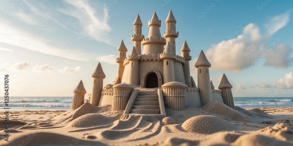 Poster sandcastle at a picturesque beach under a clear blue sky with empty space for text and gentle waves 
