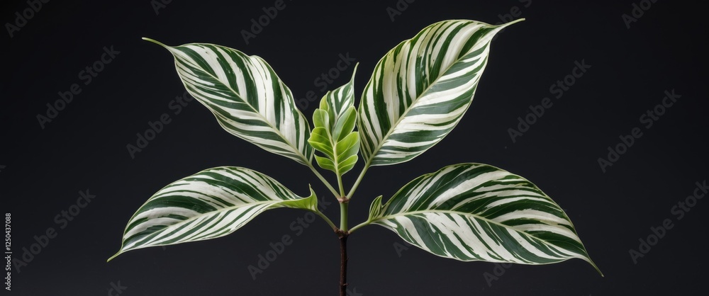Aufkleber variegated ficus elastica leaf against black background highlighting unique patterns and textures in
