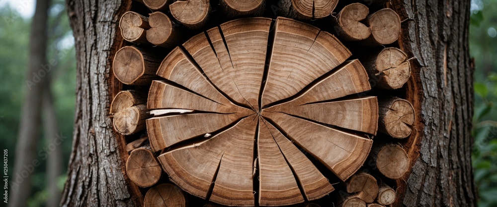 Poster close-up view of a tree trunk section showcasing intricate patterns of horizontal and vertical groov