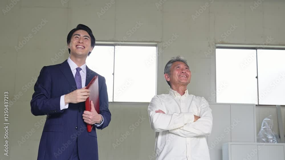 Leinwandbilder 倉庫、シニア、老人、男性、ビジネスマン、ビジネス、内見、内覧、物件、不動産、オーナー、大家、リフォーム、建築、内装、店舗、賃貸、中古、スケルトン、建設、工事、点検、メンテナンス、修繕、工場、販売、説明、相談、面談、日本人、営業、業者、ビジネスパーソン、交渉、案内、紹介、仲介、打ち合わせ、職人、老朽化、経年劣化、相続、税理士、引き渡し、譲渡、空き家、管理人、施設、会社、人物
