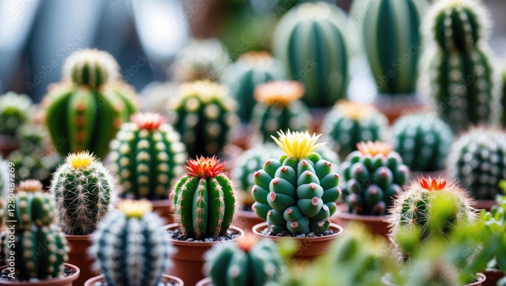 Poster miniature cacti in vibrant colors arranged in pots with lush greenery in the blurred foreground, cre