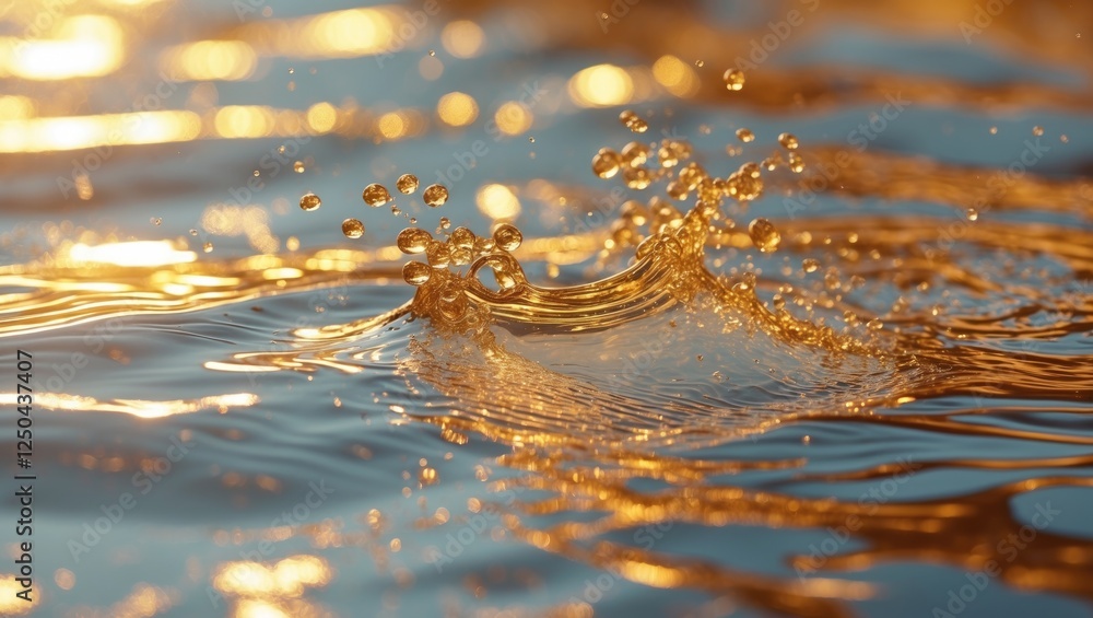 Aufkleber golden water reflection with droplets creating an abstract texture in a shimmering close-up photogra