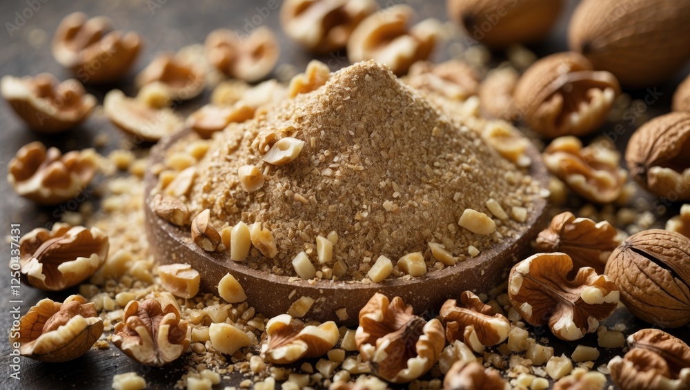 Aufkleber grinded walnuts with whole pieces arranged artfully on a dark rustic surface showcasing texture and 