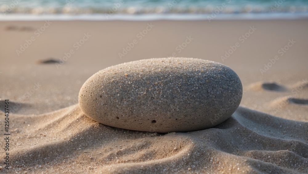 Aufkleber a smooth stone partially covered by sand on a tranquil beach with gentle waves in the background cre