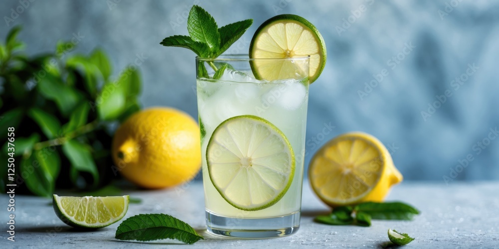 Poster refreshing lemonade drink with lime garnish and fresh ingredients on table space for text