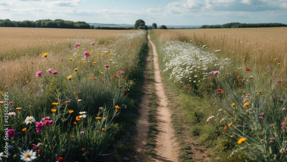 Poster a serene dirt path surrounded by colorful wildflowers leading through open fields under a clear sky 