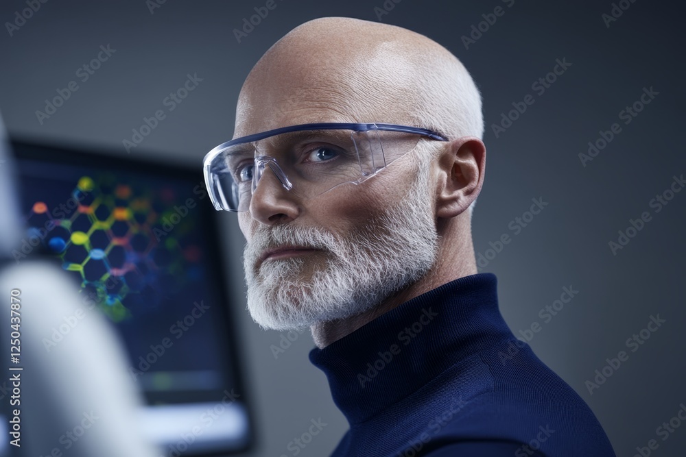 Aufkleber senior scientist in laboratory focusing on biochemical research with advanced technology and data an