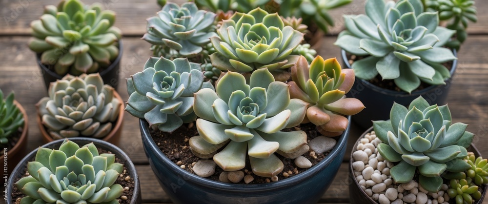 Aufkleber vibrant arrangement of succulents in various planters with empty space for text on rustic wooden sur