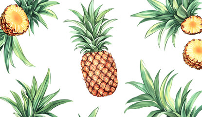 Pineapple, a cut pineapple with juice and green leaves, is flying isolated on a white background, in a top view. Fresh pineapples with drops of liquid are used as design elements. 
