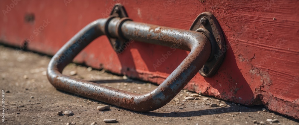 Poster rusty metal handle on a red wall casting a shadow evokes a sense of abandonment and nostalgia in a m