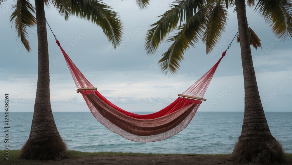 Poster hammock relaxing between palm trees by the sea under cloudy skies creating a tranquil beach paradise