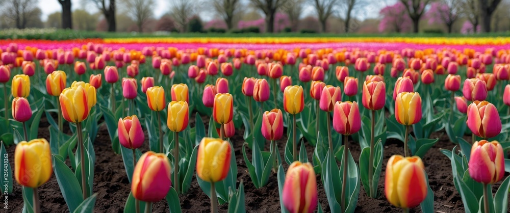 Poster vibrant field of colorful tulips in bloom with soft background and clear copy space for text or grap
