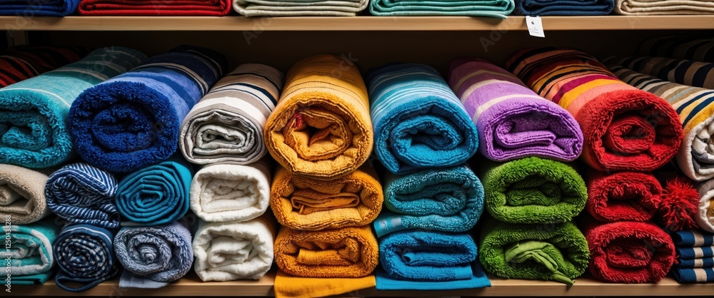 Poster vibrant collection of neatly folded towels in various colors displayed on a shelf showcasing texture