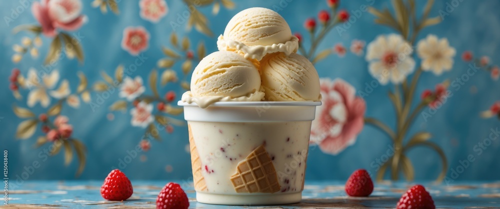 Poster delicious ice cream in container surrounded by raspberries on floral background with space for text 
