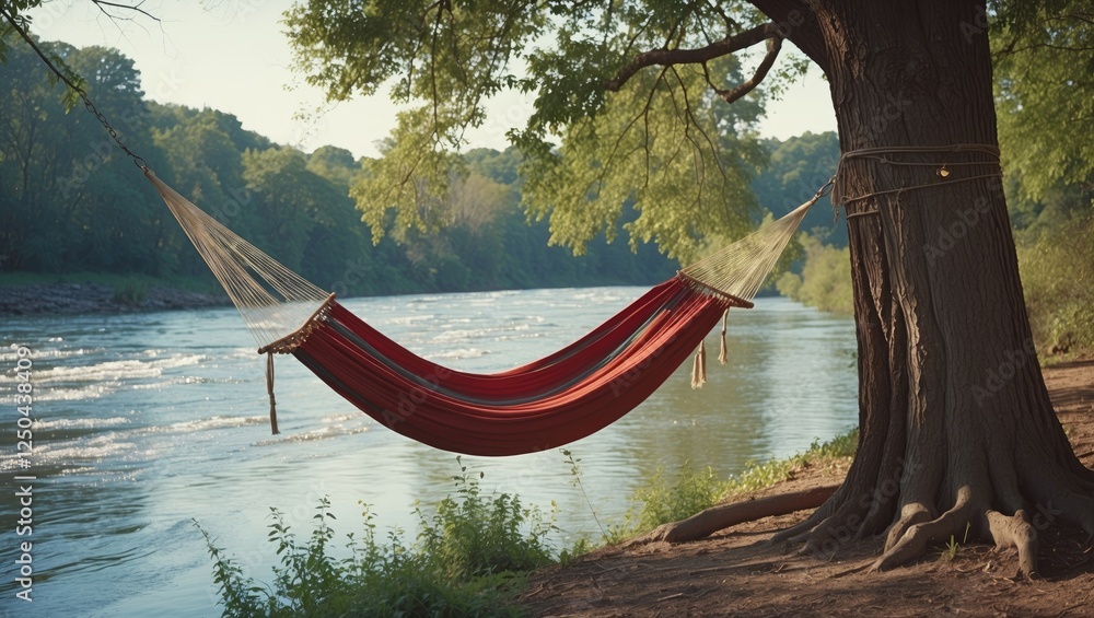 Poster relaxing hammock tied to a tree by a riverbank surrounded by lush greenery with space for text and i