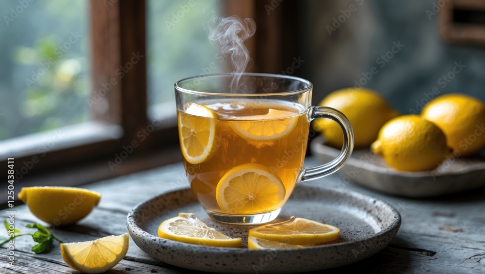 Poster refreshing lemon tea in a glass with sliced lemons and steam on a rustic table with abundant copy sp