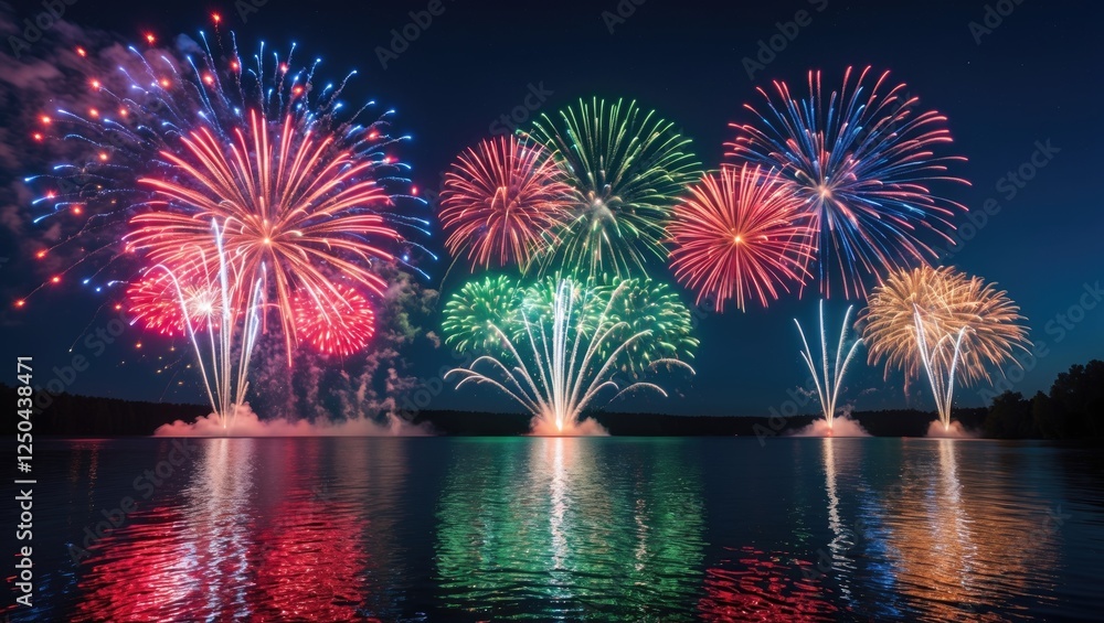 Poster vibrant fireworks display reflected in serene lake under night sky with ample copy space for text