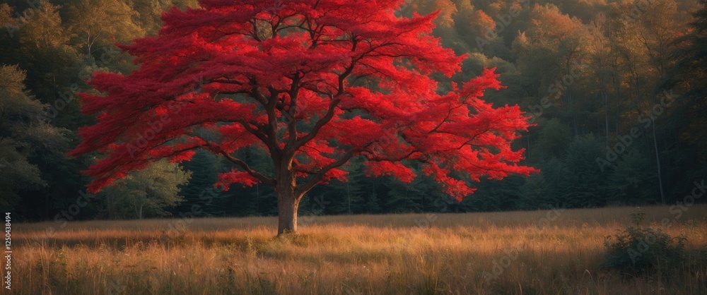 Poster vibrant red maple tree in a serene forest setting during golden hour with lush greenery in the backg