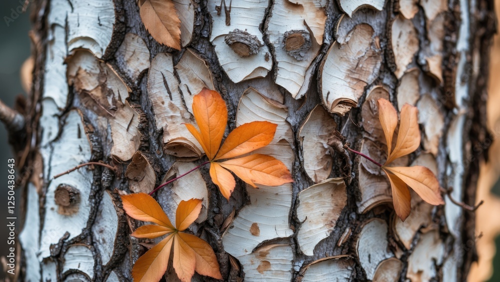 Poster closeup of birch bark texture overlaid with autumn leaves creating a natural background for design a