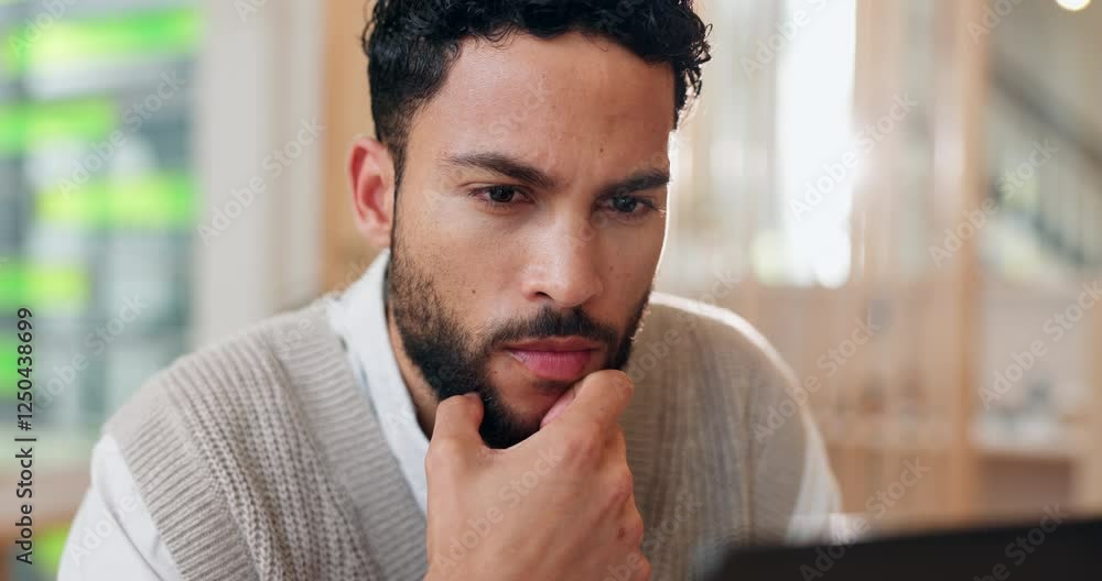 Fototapete Man, thinking and confused in office with computer, email response and problem solving for business. Accountant, tech and reading in coworking space with idea, brainstorming solution and audit review