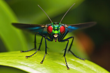 Jewel-toned fly macro, rainforest leaf, blurred background, nature photography