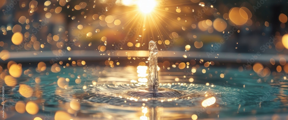Poster sunlit water droplets glisten in a bubbling fountain creating a dreamy, ethereal atmosphere with spa
