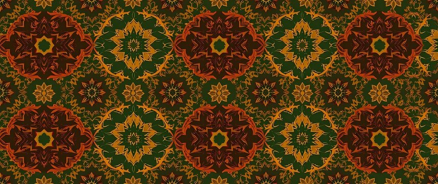 A patterned background featuring intricate geometric shapes and repeating motifs in a rich palette of jewel tones, rendered in a detailed, ornate style with  a luxurious and opu.