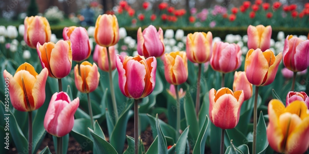 Poster vibrant tulips in a lush garden showcasing various colors with ample space for text placement in a s