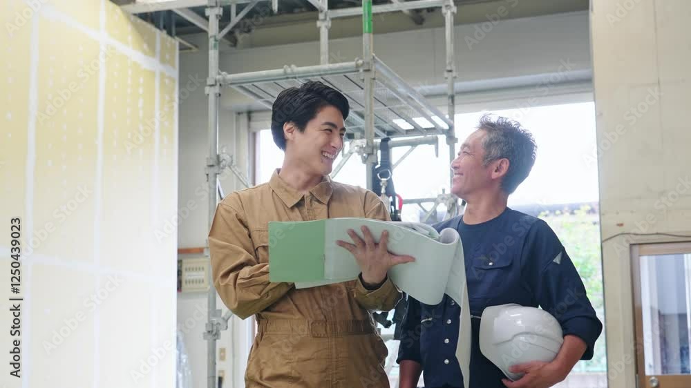 Poster 大工、打ち合わせ、建設、塗装、シニア、男性、工事、現場、建築、職人、工務店、改装、リフォーム、相談、足場、安全、確認、チェック、点検、修繕、修理、仕事、プロ、職業、チームワーク、設計、建築士、設計士、棟梁、親方、鳶、佐官、中小企業、自営業、ニッカポッカ、作業服、施工、業者、解体、日本人、チーム、グループ、住宅、作業員、インフラ、ヘルメット、跡継ぎ、後継者、世代交代、人物