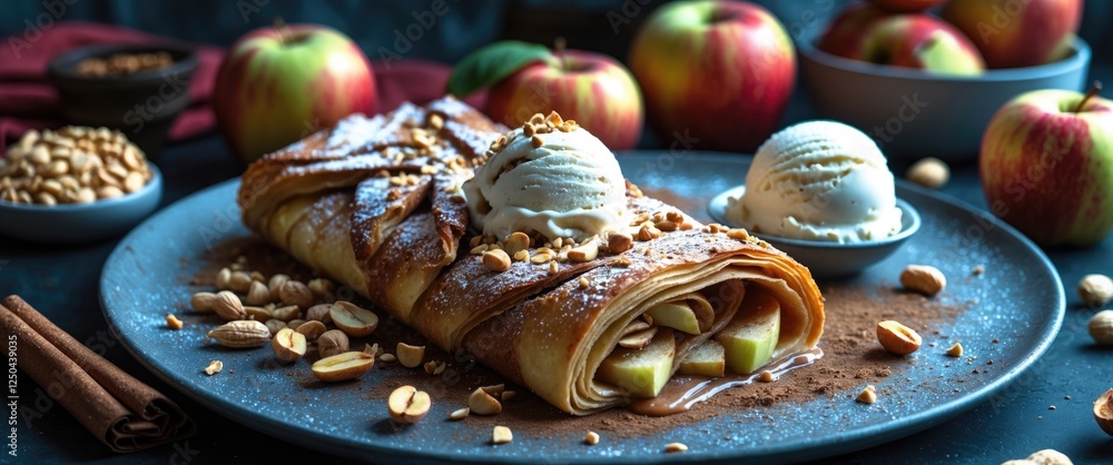 Poster delicious apple strudel with cinnamon and peanuts served with ice cream on a plate with appetizing b