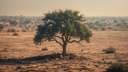Fototapeta premium Lonely tree on parched land highlighting the effects of drought and environmental degradation in a vast desolate landscape.