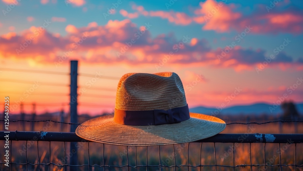Aufkleber straw hat resting on a rustic fence against a colorful sunset sky with soft cloud patterns and warm 