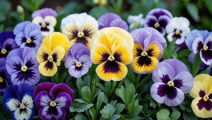 Vibrant bouquet of colorful pansy flowers showcasing various shades and patterns in a lush green garden setting.