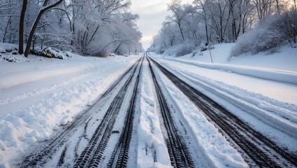 Snow-covered road with unplowed surface featuring a single set of tire tracks leading into a winter landscape with trees.