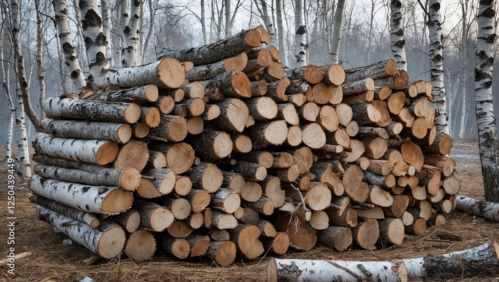 Poster stack of birch firewood in a serene forest setting highlighting its natural texture and colors again