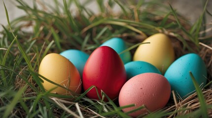 Colorful Easter eggs in a grassy nest with a prominent focus on a vibrant red egg surrounded by blue, yellow, and pink eggs.