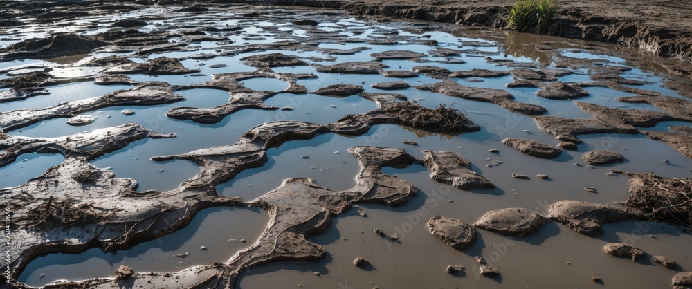 Poster abstract natural patterns formed by mud and water in a puddle reflecting the environment and showcas