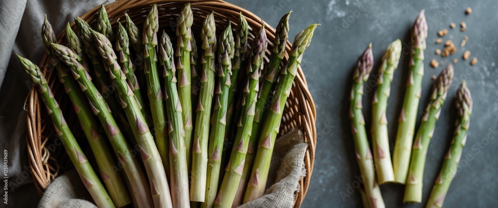 Aufkleber fresh asparagus stalks in a basket on a stone surface with empty space for text or recipe ideas