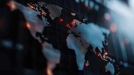 A digital map of the world with illuminated points, emphasizing global connectivity and technological themes.