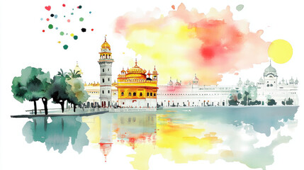 India watercolor, A serene sunset over the Golden Temple in Amritsar, captured in high fidelity, perfect for tranquil imagery and cultural themes.