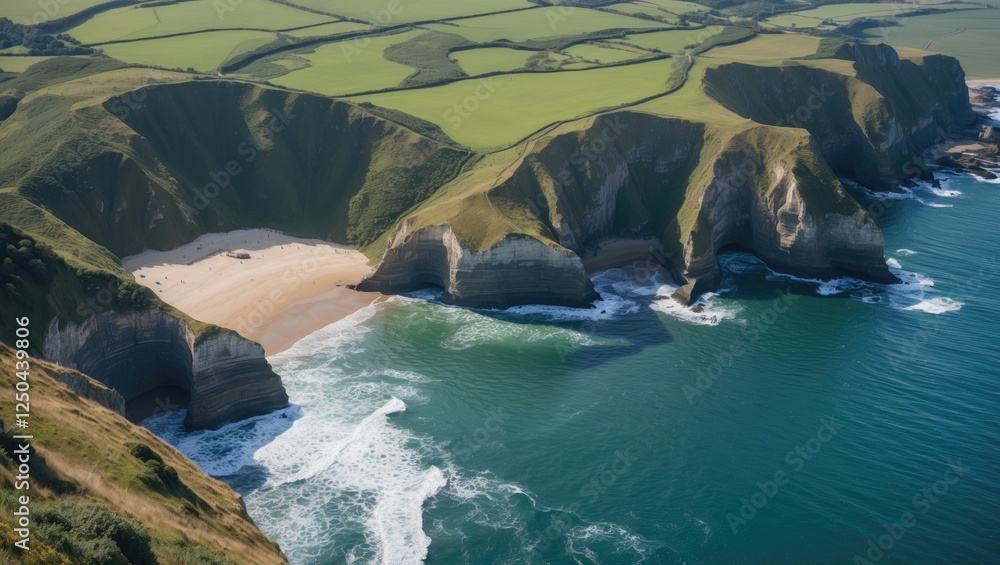 Poster aerial view of three cliffs bay with lush green cliffs and serene beach ideal for text overlay in la