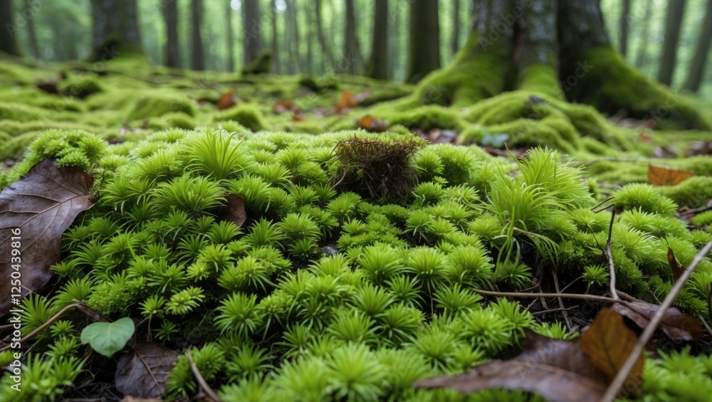 Poster lush green moss carpet covering the forest floor with soft textures and scattered leaves creating a 