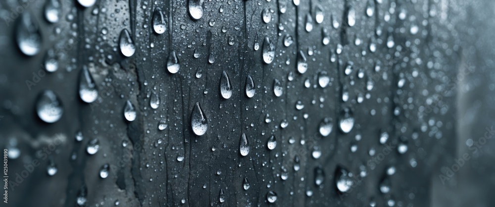 Poster close-up view of a wet cement wall showcasing rain droplets creating a reflective texture and atmosp