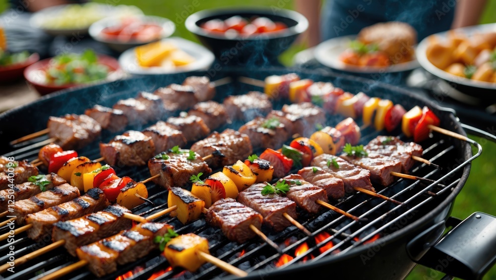 Poster grilled skewers with colorful vegetables and meat in a summer picnic setting