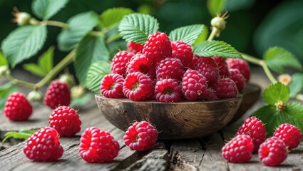 Freshly harvested raspberries in a wooden bowl surrounded by green leaves on a rustic wooden table...