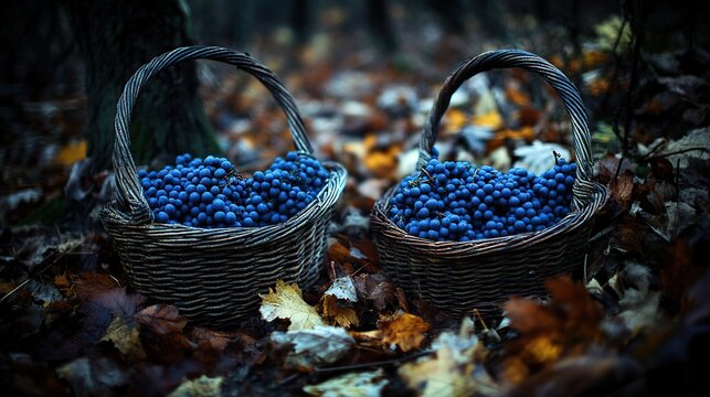 Forest harvest Two wicker baskets overflowing with ripe dark berries on autumn leaves